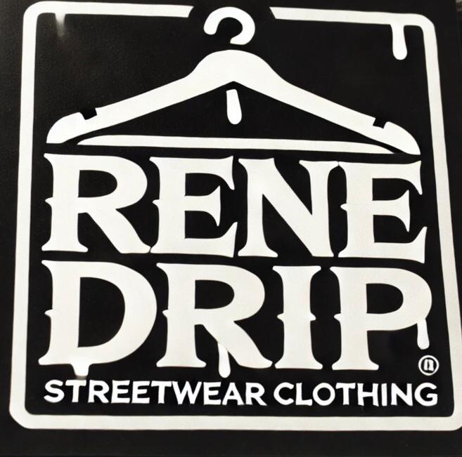 logo de la marque renedrip representant un cintre stylise au dessus du nom Renedrip en lettre majuscules épaisses . accompagne du slogan streetwear clothing.sur fond noir. Le visuel évoque l'univers urbaine et la mode streetwear